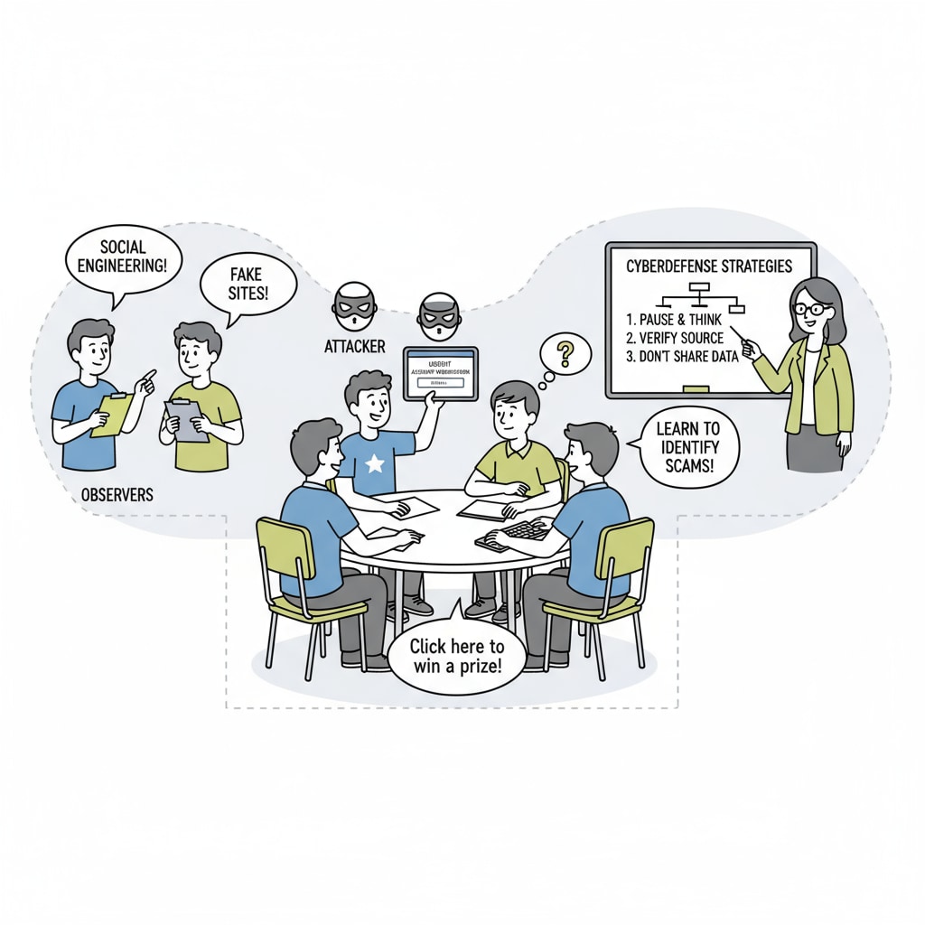 Students in a classroom are divided into groups. In one group, a student is acting as a cyber attacker, trying to trick another student into sharing personal information, while other students are observing and learning how to handle such situations. K12 students participating in a role-playing activity for better understanding of cyber threats