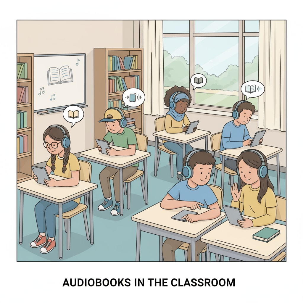 A group of middle school students are sitting in a classroom, wearing headphones and listening intently to audiobooks on their devices. Middle school students listening to audiobooks in a language arts classroom, related to audiobooks, reading abilities, and language arts teaching