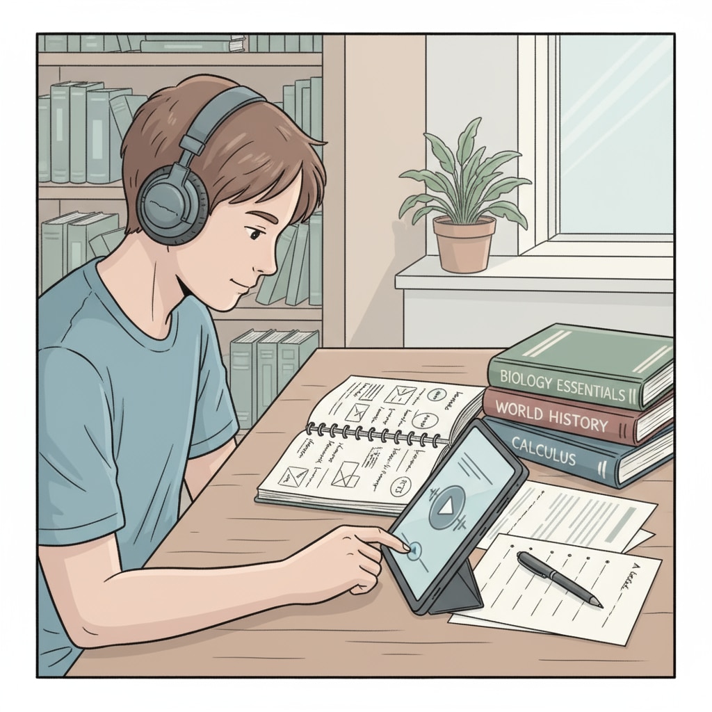 A single student is sitting at a desk, using a tablet to listen to an audiobook. There are some books and notes beside the tablet. A student using a tablet to listen to an audiobook, relevant to audiobooks, reading abilities, and language arts teaching