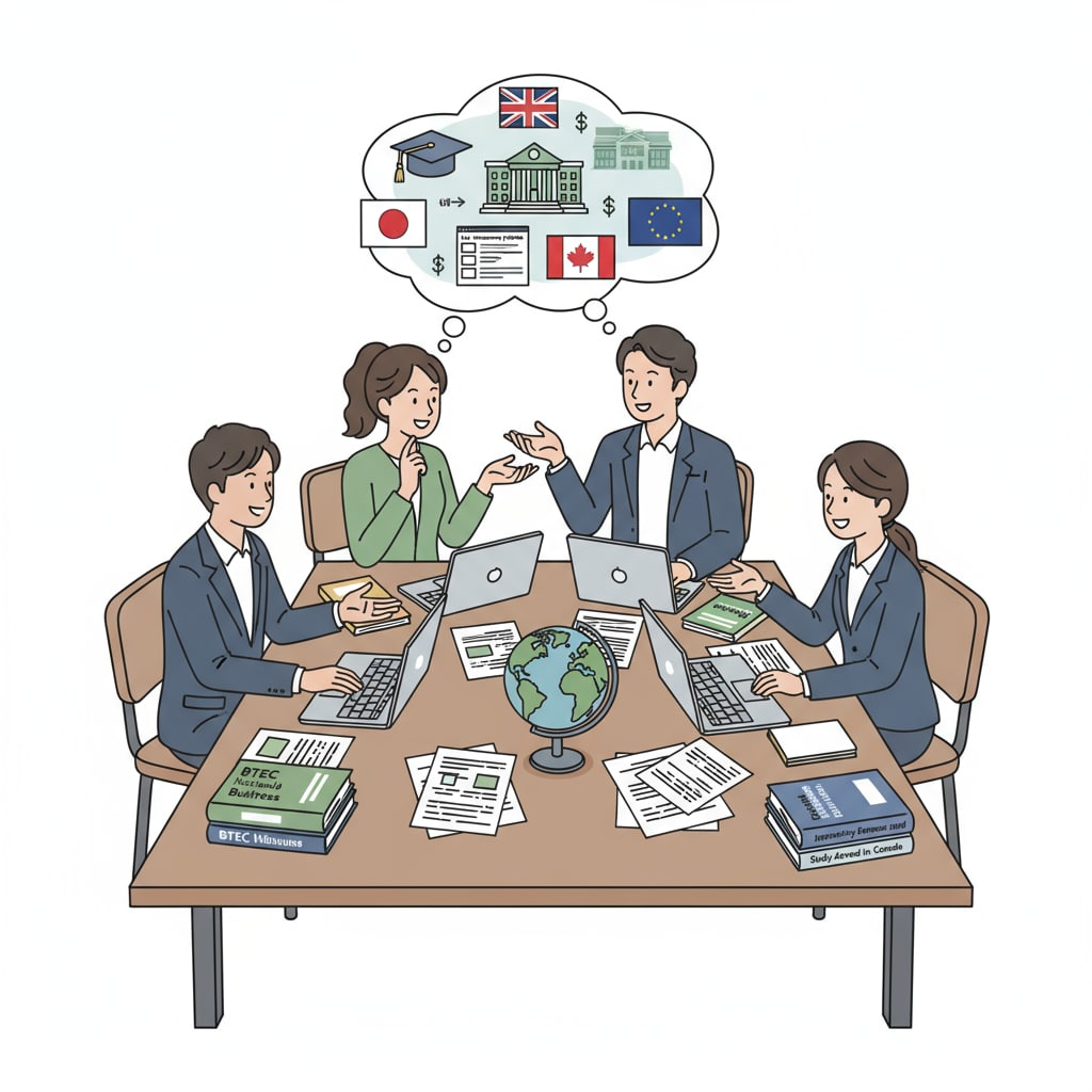 A group of international students discussing university applications, with books about different educational systems like BTEC and Japanese university guides on the table International students discussing Japanese study abroad with BTEC and A-levels in mind during university application