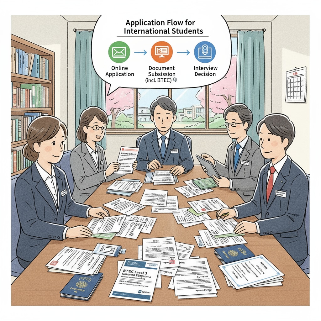 A Japanese university admissions office with staff reviewing international students' application documents, including BTEC certificates Japanese university staff reviewing application documents of international students with BTEC qualifications for university application