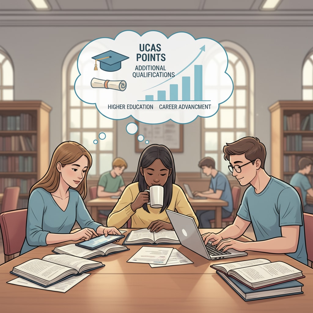 An illustration depicting students studying and working hard to gain additional qualifications which can earn them UCAS points. Students Studying for Additional Qualifications to Gain UCAS Points for A-Levels and Foundation Year Courses