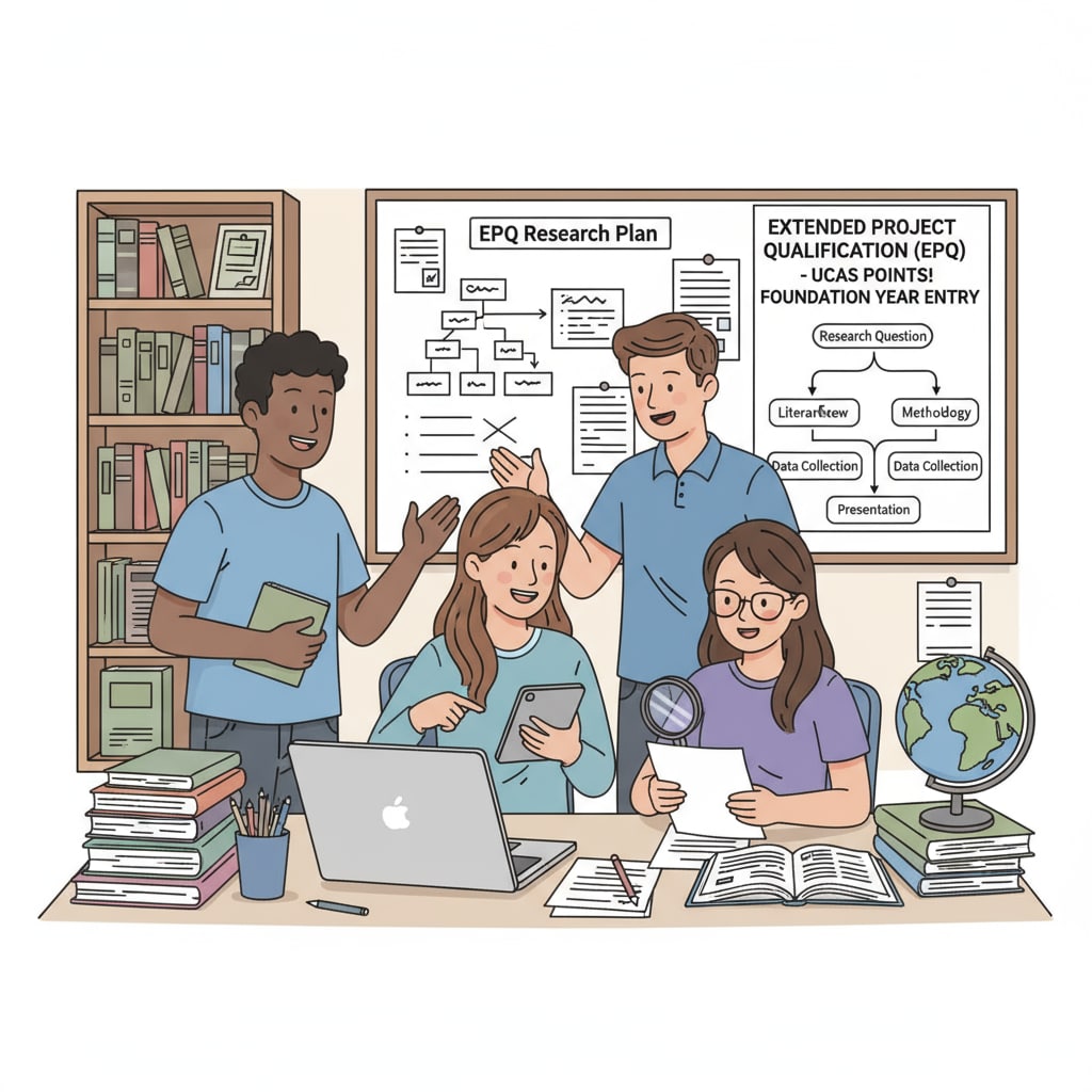 A picture showing students collaborating and conducting research for their Extended Project Qualifications, which can contribute to UCAS points for A-Level students aiming for foundation year courses. Students Working on Extended Project Qualifications for UCAS Points in A-Levels and Foundation Year Courses