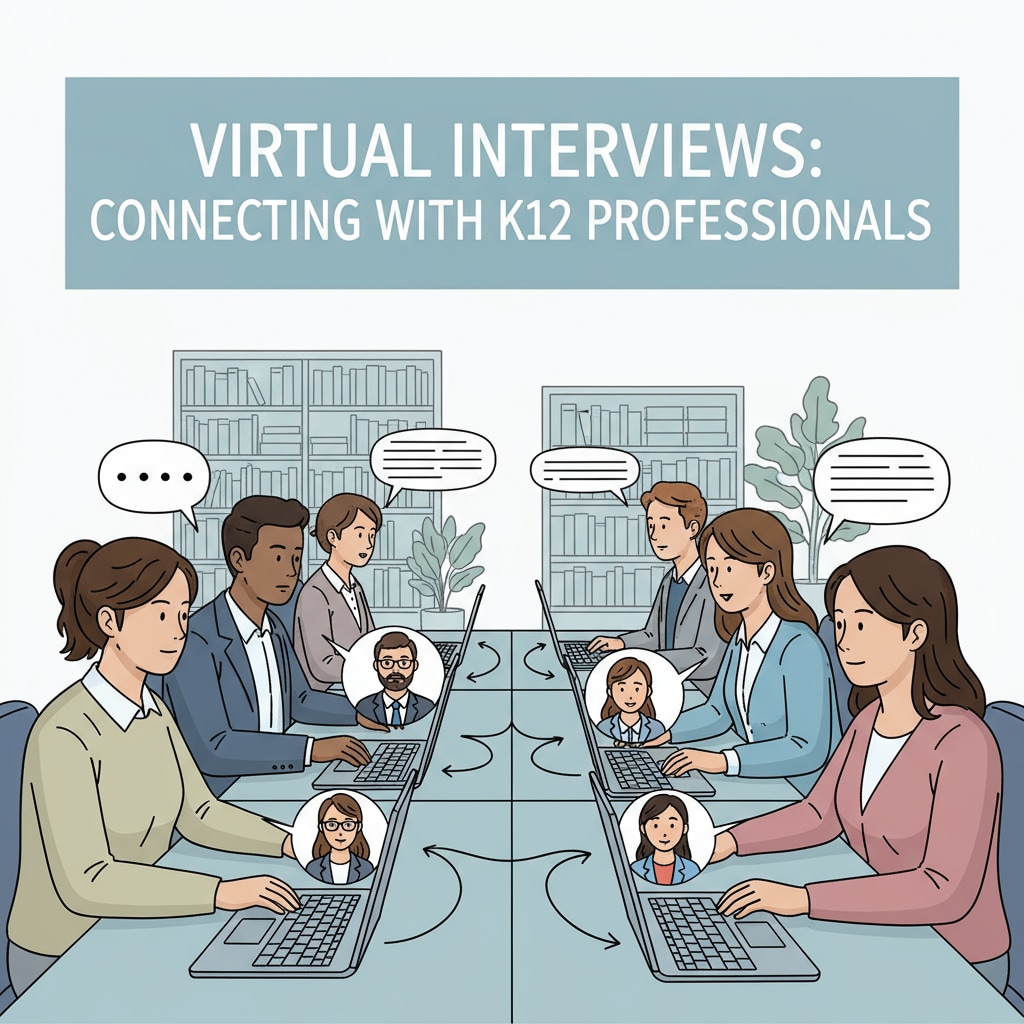 College students are engaged in virtual interviews with K12 education professionals, sitting in front of their laptops, with serious expressions, and communicating actively. College students conducting virtual interviews for urban education research