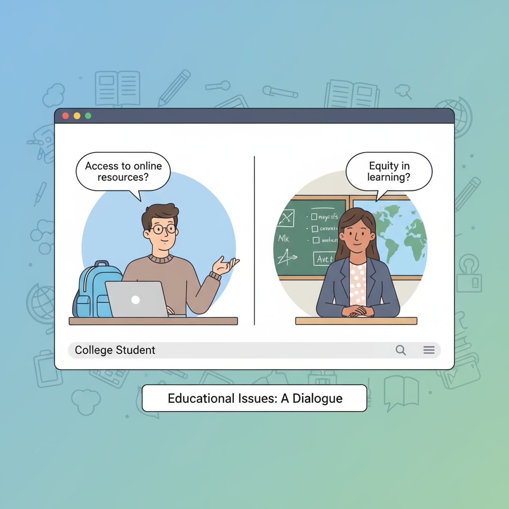 A virtual interview session is taking place. A college student and a K12 teacher are visible on the screen, having a deep conversation about educational issues. Virtual interview between college student and K12 teacher for urban education insights