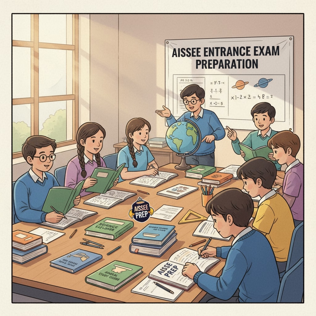 An illustration showing students studying and preparing for the AISSEE entrance exam, with books and notebooks around them. Students preparing for AISSEE Sainik School entrance exam