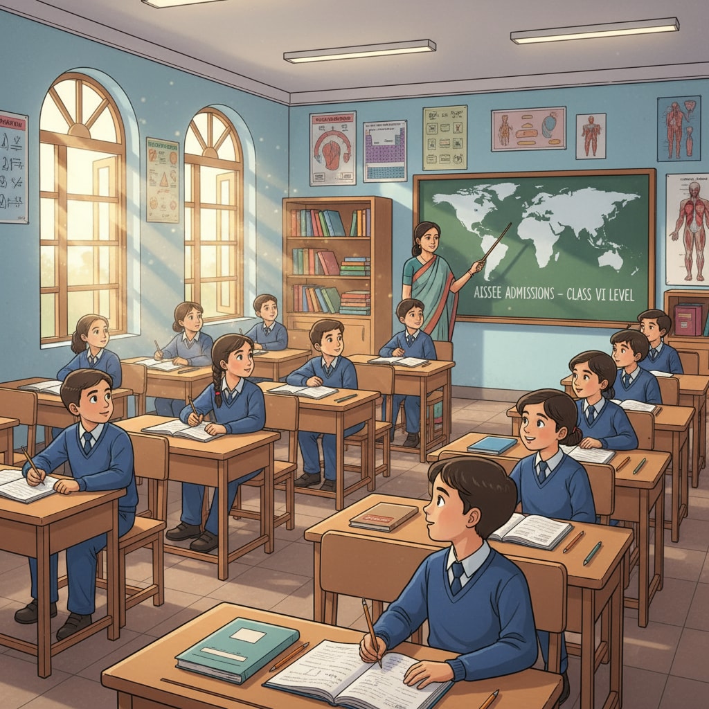 A classroom scene with students sitting at desks, representing the educational level required for AISSEE admissions. Classroom scene depicting educational level for AISSEE Sainik School entrance exam