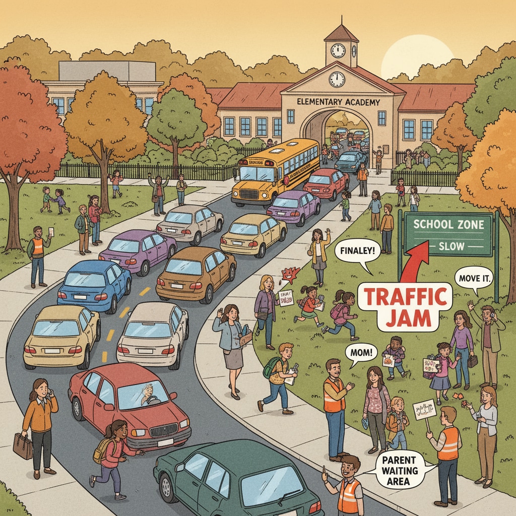 A busy scene at a school entrance during pick-up time. Cars are lined up, causing traffic congestion. There are parents waiting for their children and a chaotic traffic situation. School pick-up traffic congestion in a small town