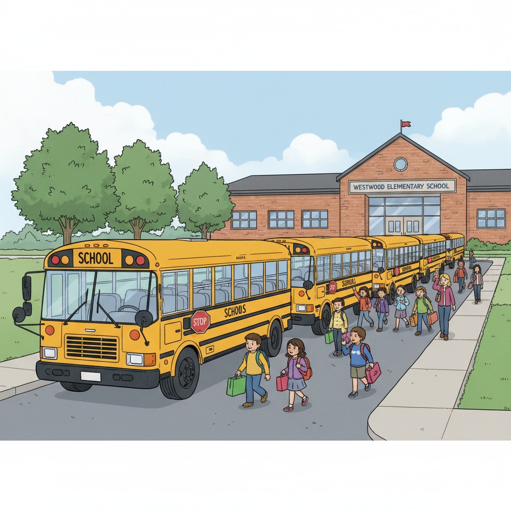 A row of school buses parked neatly at the school entrance. The buses are ready to pick up or drop off students. School buses at the entrance of a small town school