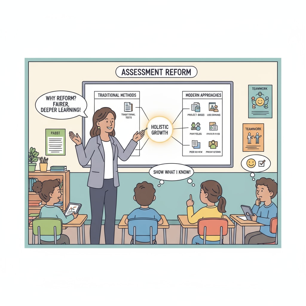 A teacher is having a discussion with students about different assessment methods, highlighting the importance of reforming the evaluation system in K12 education. Teacher discussing assessment methods relevant to academic failure, university expulsion, and second application
