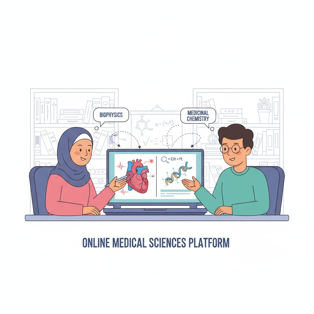 Two students discussing physics and chemistry concepts while looking at a laptop screen, representing the online learning environment for these two subjects in the context of the medical field Online learning of physics and chemistry for students aiming at the medical field