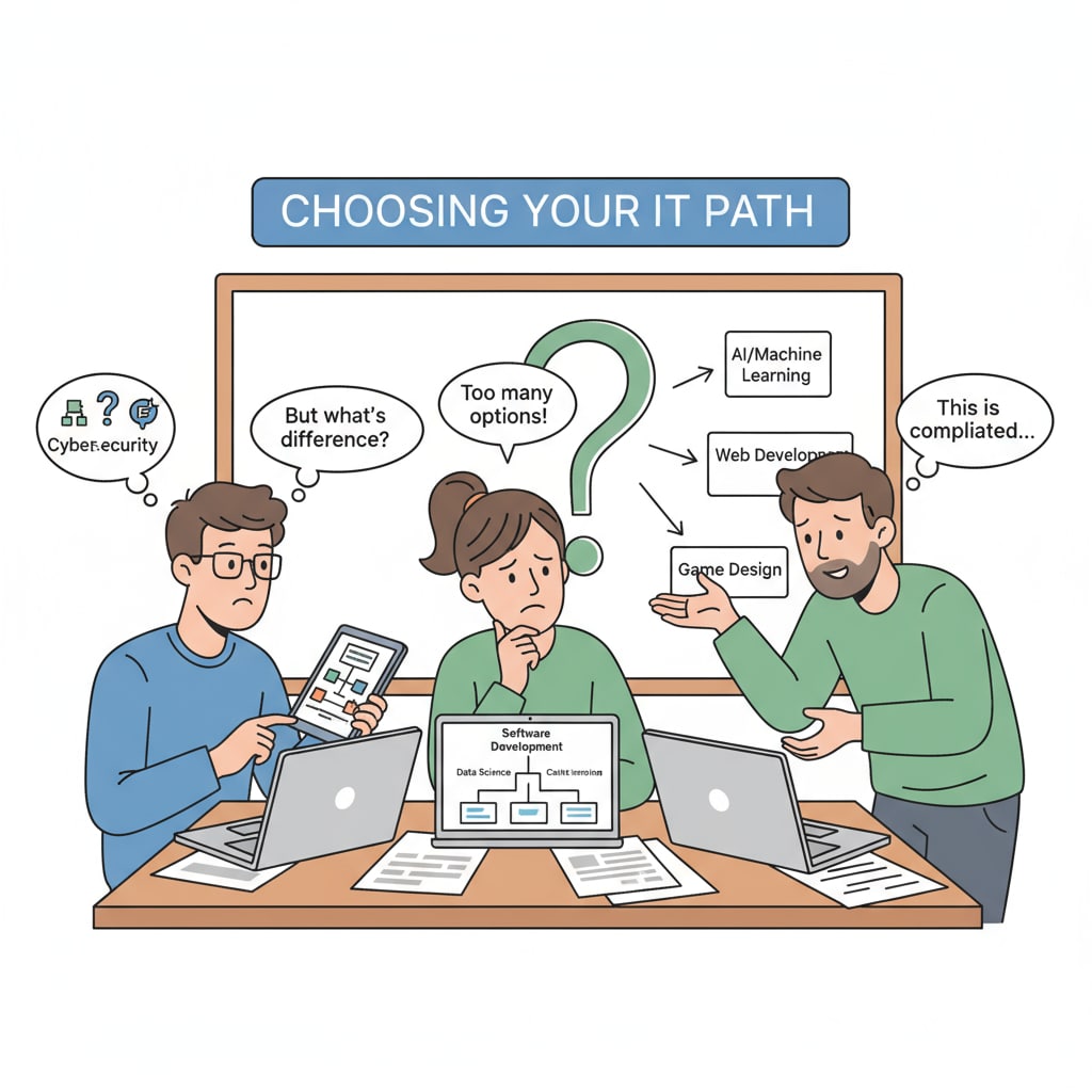 Three students discussing IT majors in a college classroom, showing their interest and confusion in choosing the right IT major. University students discussing IT major selection and career prospects in a classroom