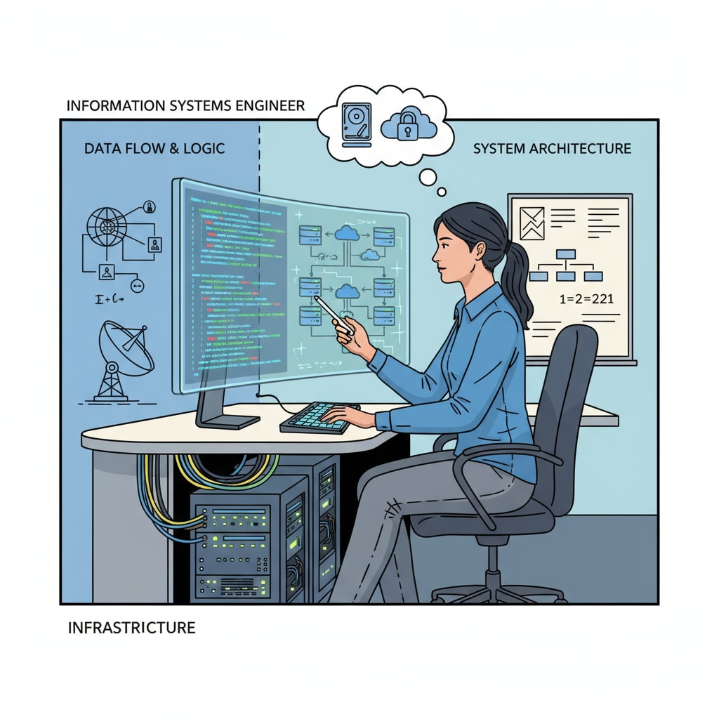 An information systems engineer working on a project, focused on coding and system design. Information systems engineer working on a project related to IT major and career