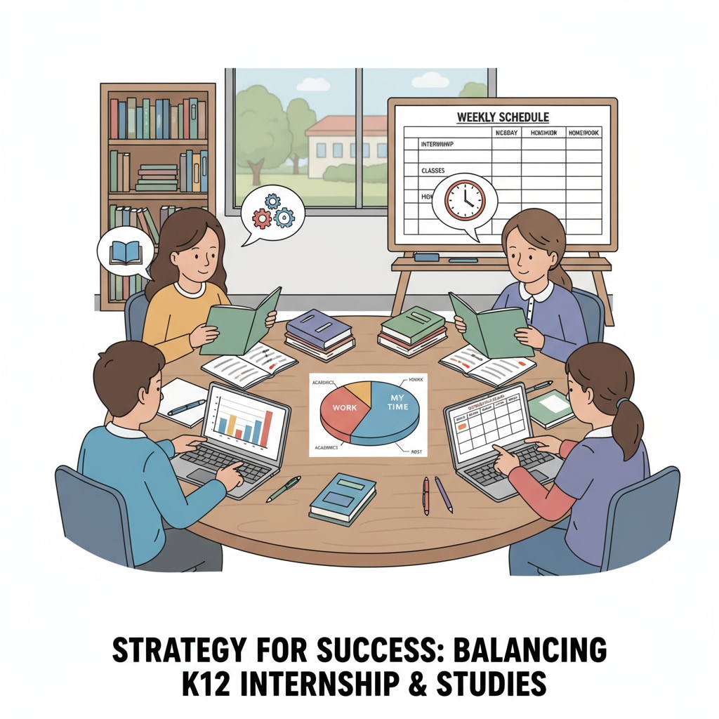 A group of K12 students are sitting around a table, looking at their calendars and discussing how to balance their internship and study schedules. K12 students discussing internship and study time balance