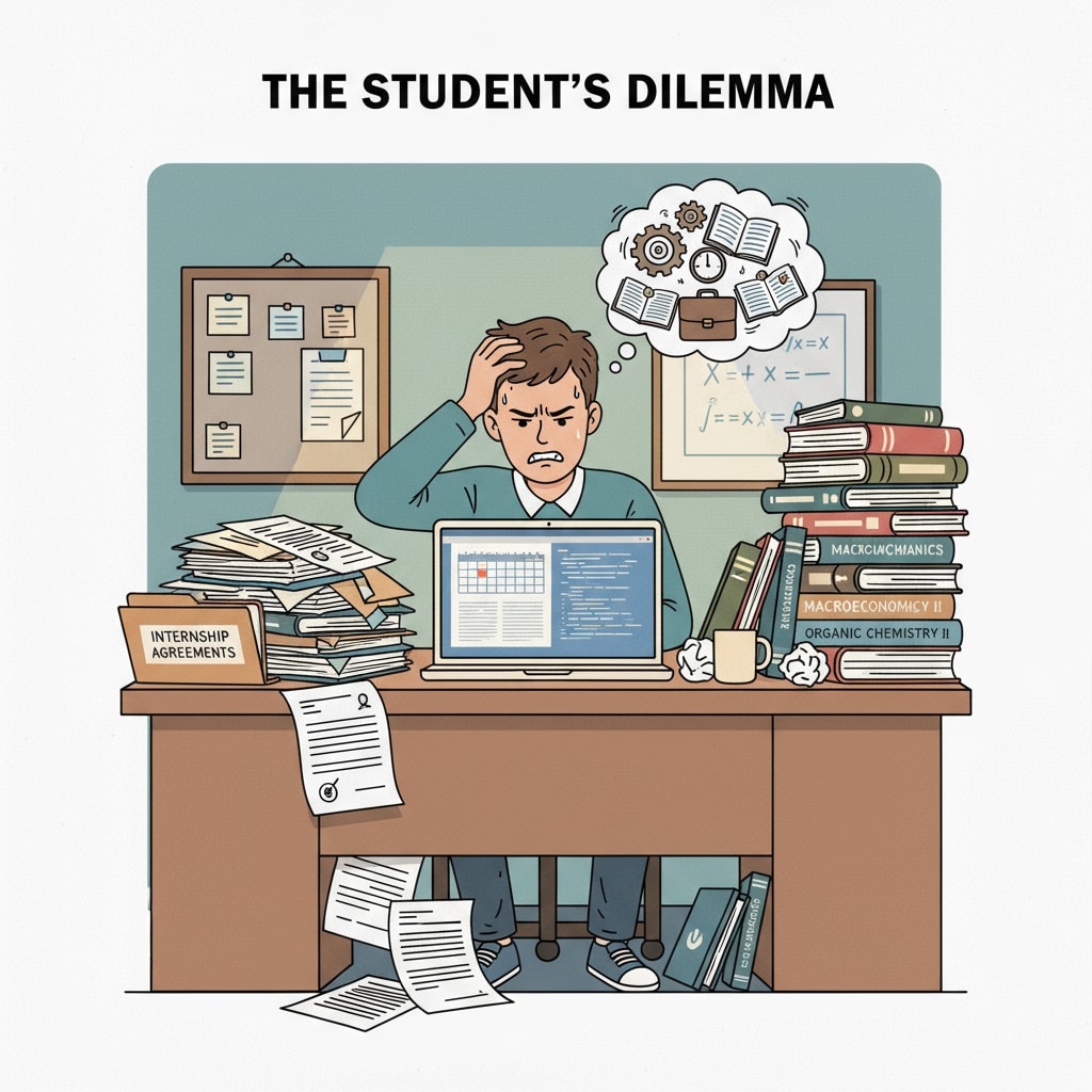 A student is sitting at a desk, looking frustrated with internship paperwork on one side and textbooks on the other, highlighting the stress of juggling both. Student stressed about internship workload and academic study