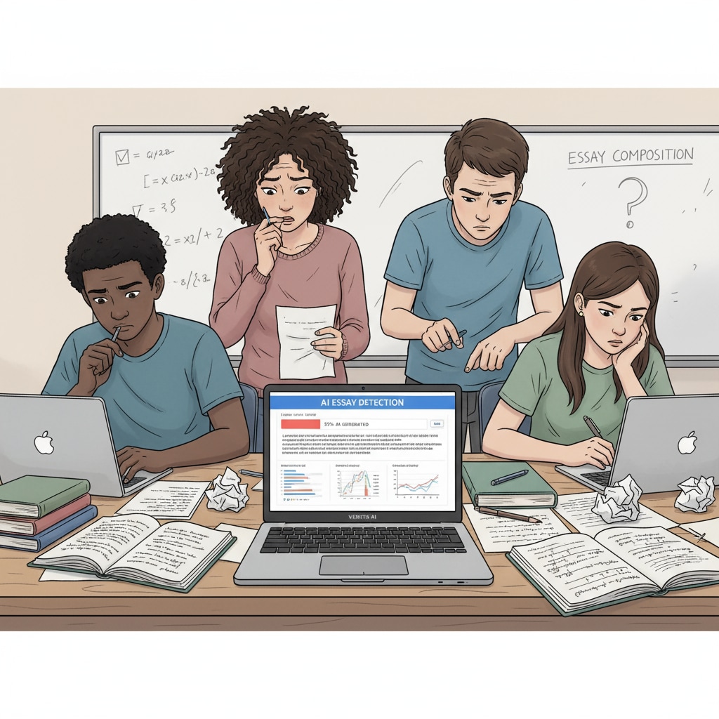 A group of high school students looking confused while writing essays with a laptop showing an AI detection tool interface. High school students facing the issue of AI detection in creative writing