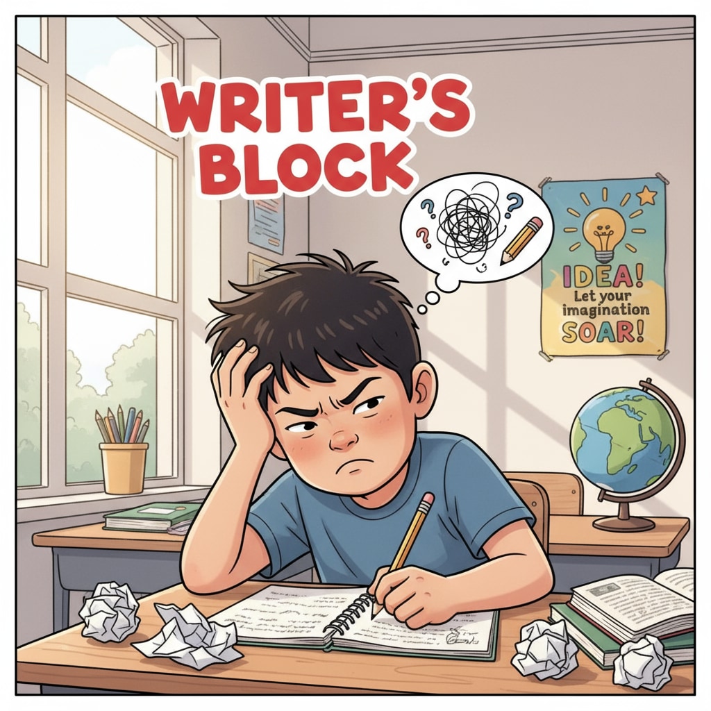 A student sitting at a desk, looking frustrated while writing a creative piece. Student frustrated due to the impact of AI detection on creative writing
