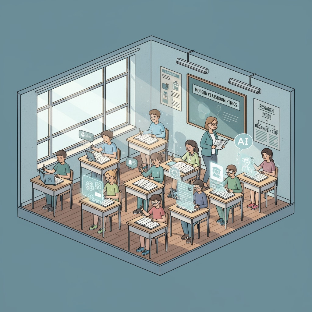 A scene where students are secretly using AI tools on their devices during homework time in a classroom. Students using AI tools for cheating in a classroom setting