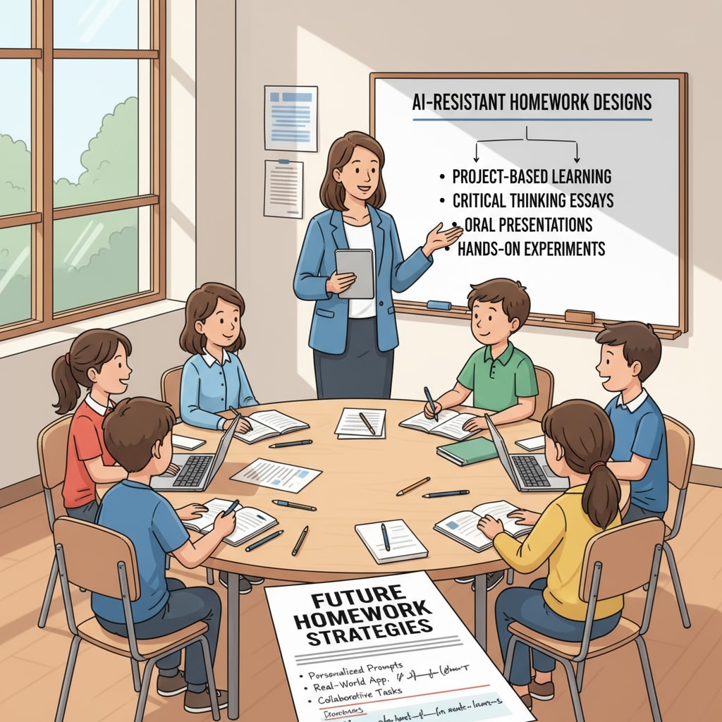 A teacher is having a discussion with a group of students about new types of homework that are more resistant to AI cheating. Teacher discussing redefined homework with students