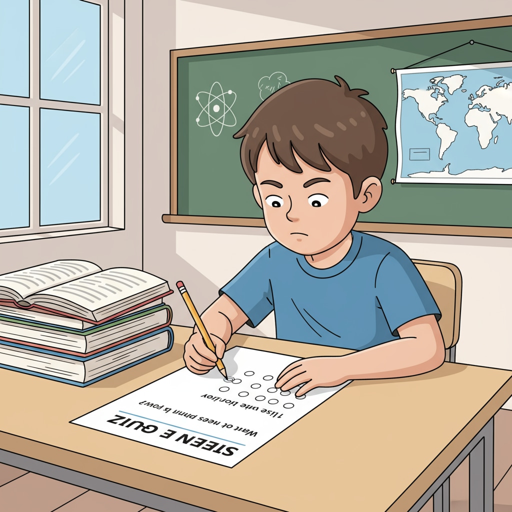 A child is sitting at a desk, concentrating on an educational test. The test paper is in front of them, and they are using a pencil to mark their answers. A child taking a STAR test to measure academic performance
