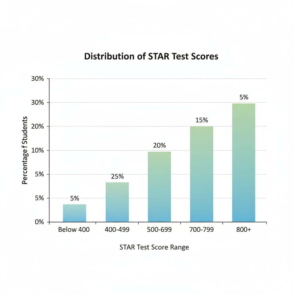 A graph shows the distribution of STAR test scores. The x-axis represents the score range, and the y-axis shows the percentage of students. Different bars indicate the proportion of students in each score interval. Graph of STAR test score distribution for academic assessment
