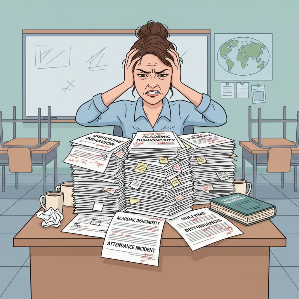 A single teacher is sitting at a desk, surrounded by papers related to student behavior issues. She has a frustrated expression on her face. Teacher facing professional challenges due to student behavior problems