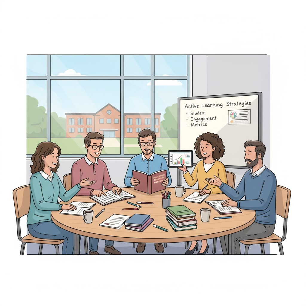 A group of teachers are gathered around a table, engaged in a discussion about different educational strategies. They are looking at textbooks and notes, sharing ideas on how to make lessons more engaging. Teachers discussing educational strategies related to teaching effectiveness, graduate programs, and curriculum design