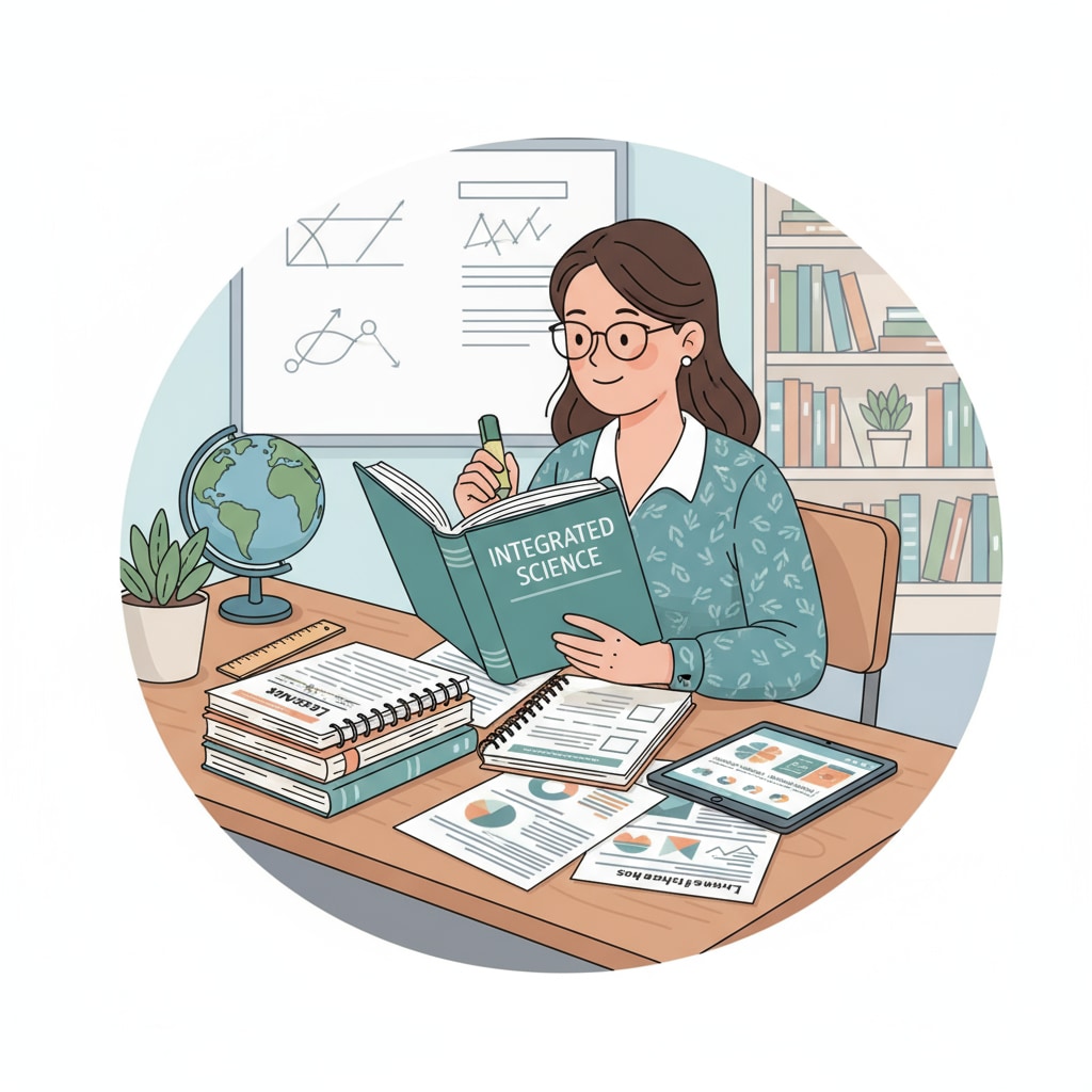A teacher is sitting at a desk, carefully reviewing curriculum materials. There are textbooks, lesson plans, and educational resources spread out in front of the teacher. Teacher reviewing curriculum materials for enhancing teaching effectiveness in the context of graduate programs