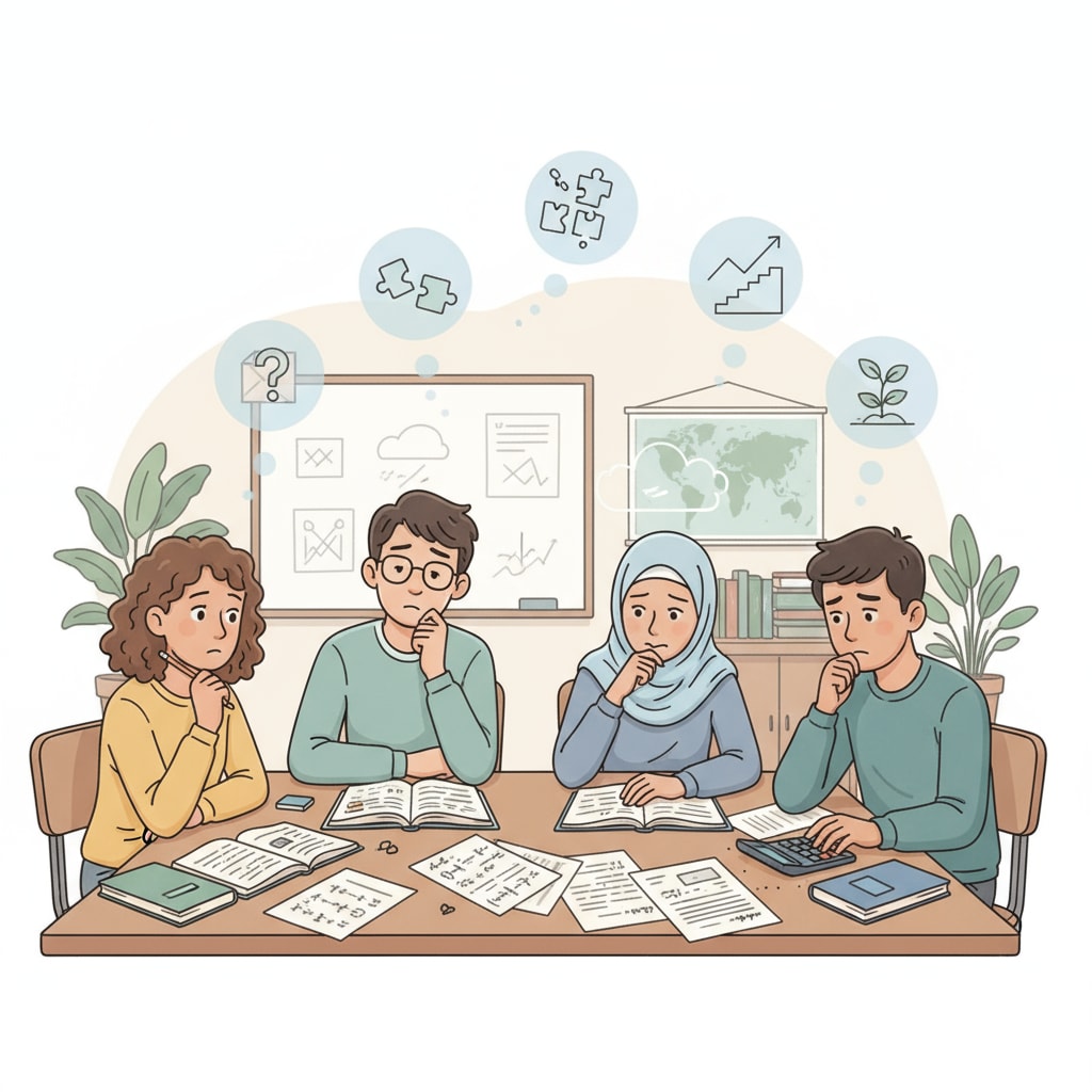 A group of students sitting in a classroom, looking pensive, which reflects their possible self-doubt during the learning process. Students in a classroom showing signs of self-doubt related to intellectual disabilities and learning abilities