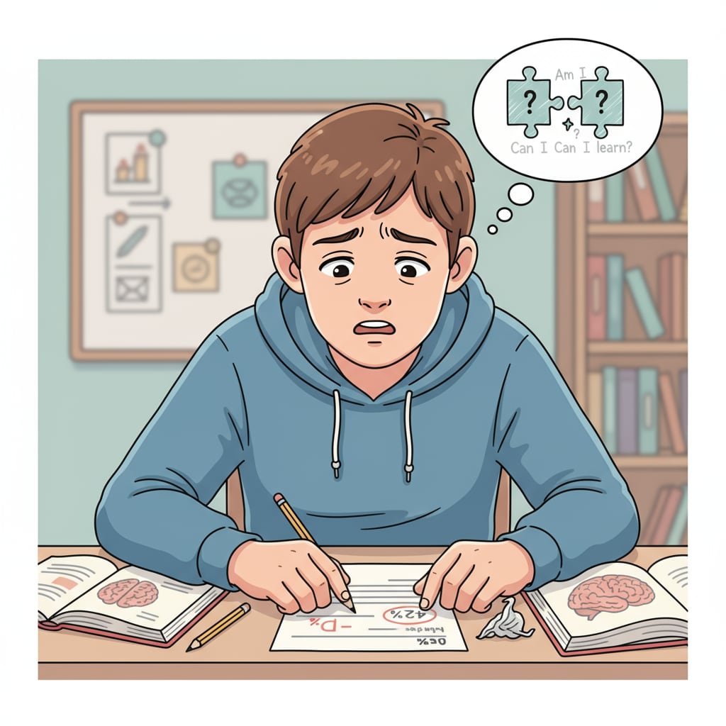 A student looking at a low test score with a worried expression, indicating how test scores can trigger self-doubt about their learning abilities. A student expressing self-doubt due to a low test score in relation to intellectual and learning capabilities