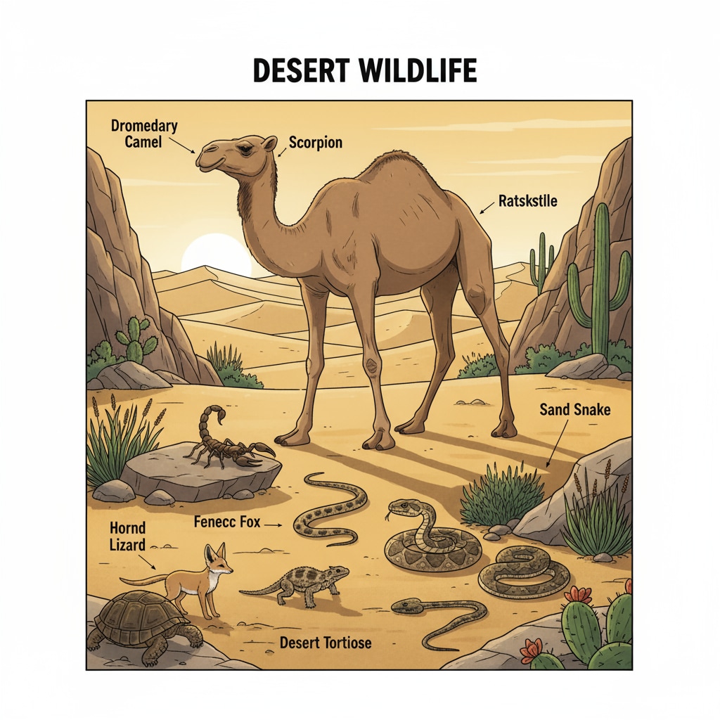 A group of desert animals such as camels, scorpions, and snakes in their natural desert habitat Desert animals showcasing their survival adaptations and evolutionary traits in their natural environment