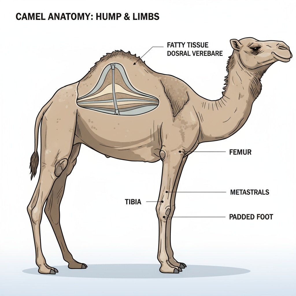 A close-up of a camel's hump and long legs Close-up view of a camel's physical adaptations for survival in the desert
