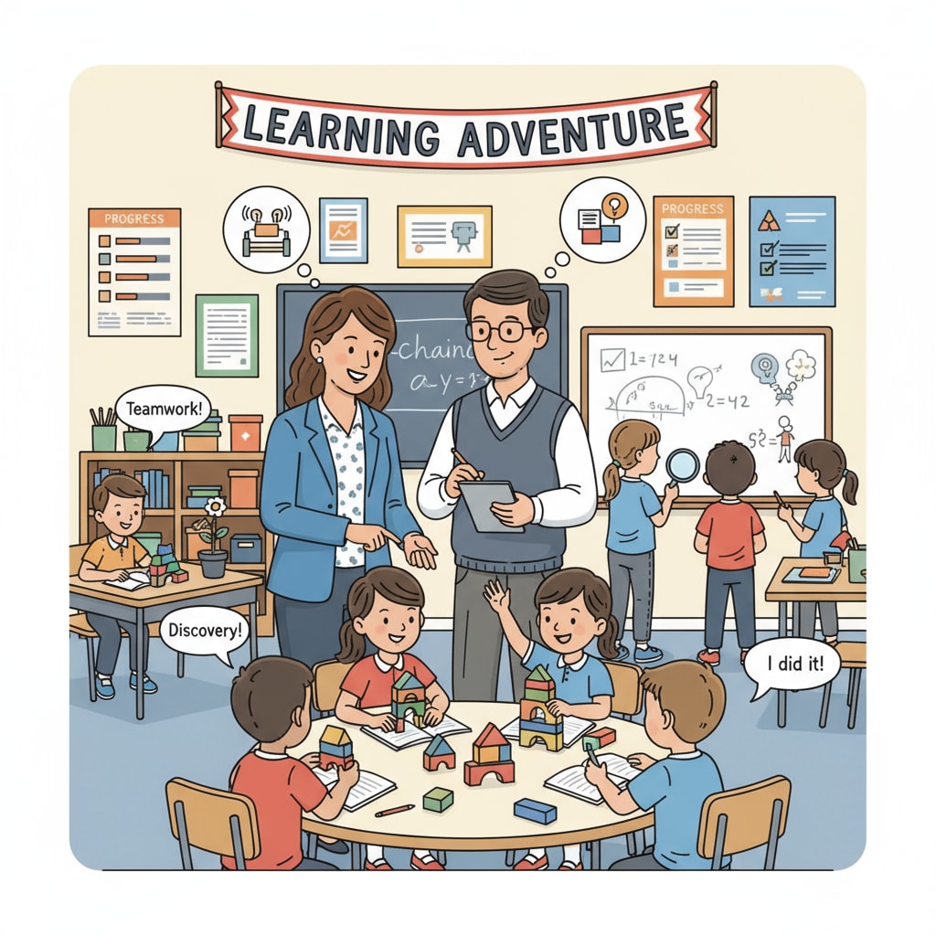 A teacher and a teaching assistant are closely observing students during a class activity, taking notes and discussing the students' performance and engagement. A teacher and teaching assistant observing students during a class activity relevant to MAT program