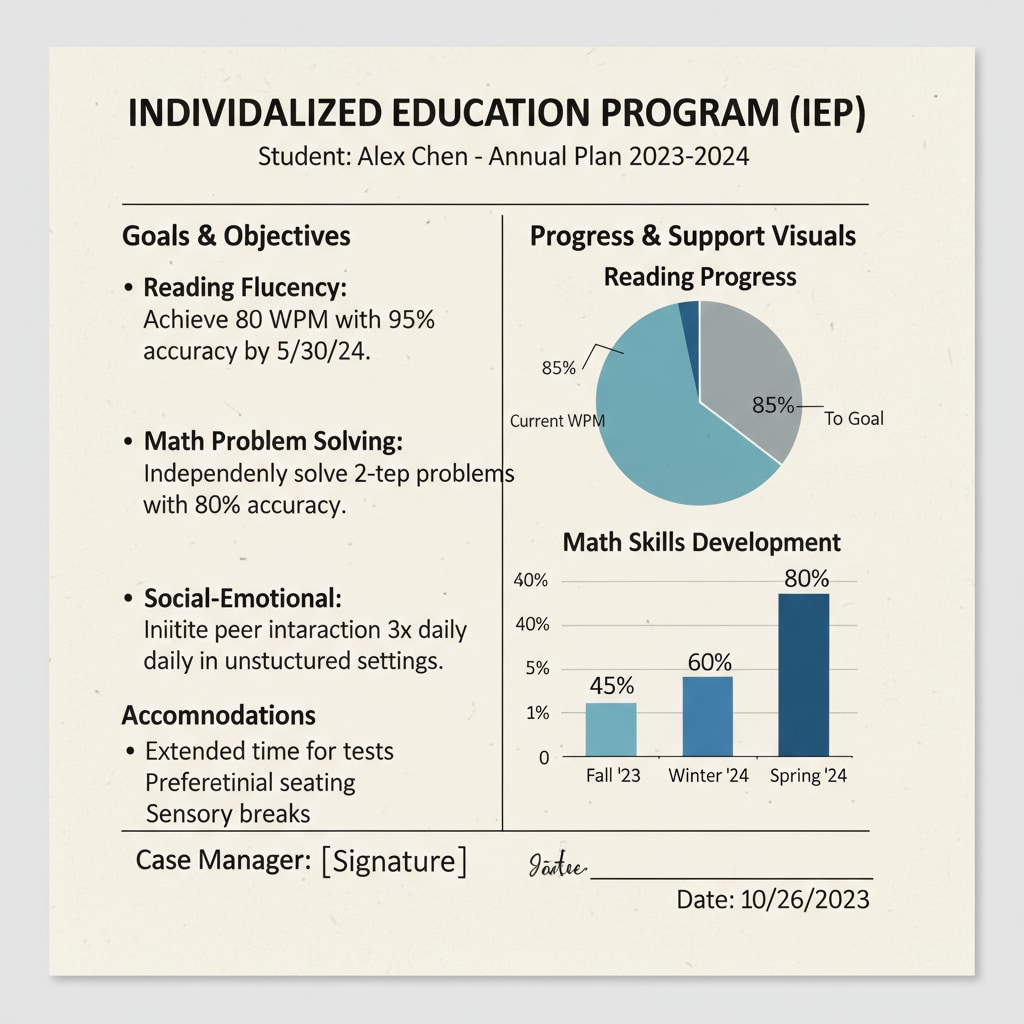 A close-up view of an IEP document page shows a combination of text and graphs. The text contains important details about a student's educational plan, and the graphs visually represent certain aspects of the student's progress or needs. Close-up of IEP document page to highlight comprehension challenges
