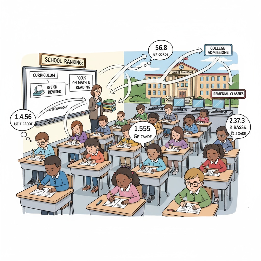 A classroom scene where students are taking standardized tests, representing the influence of test scores on education. Students taking standardized tests related to education funding and the No Child Left Behind policy