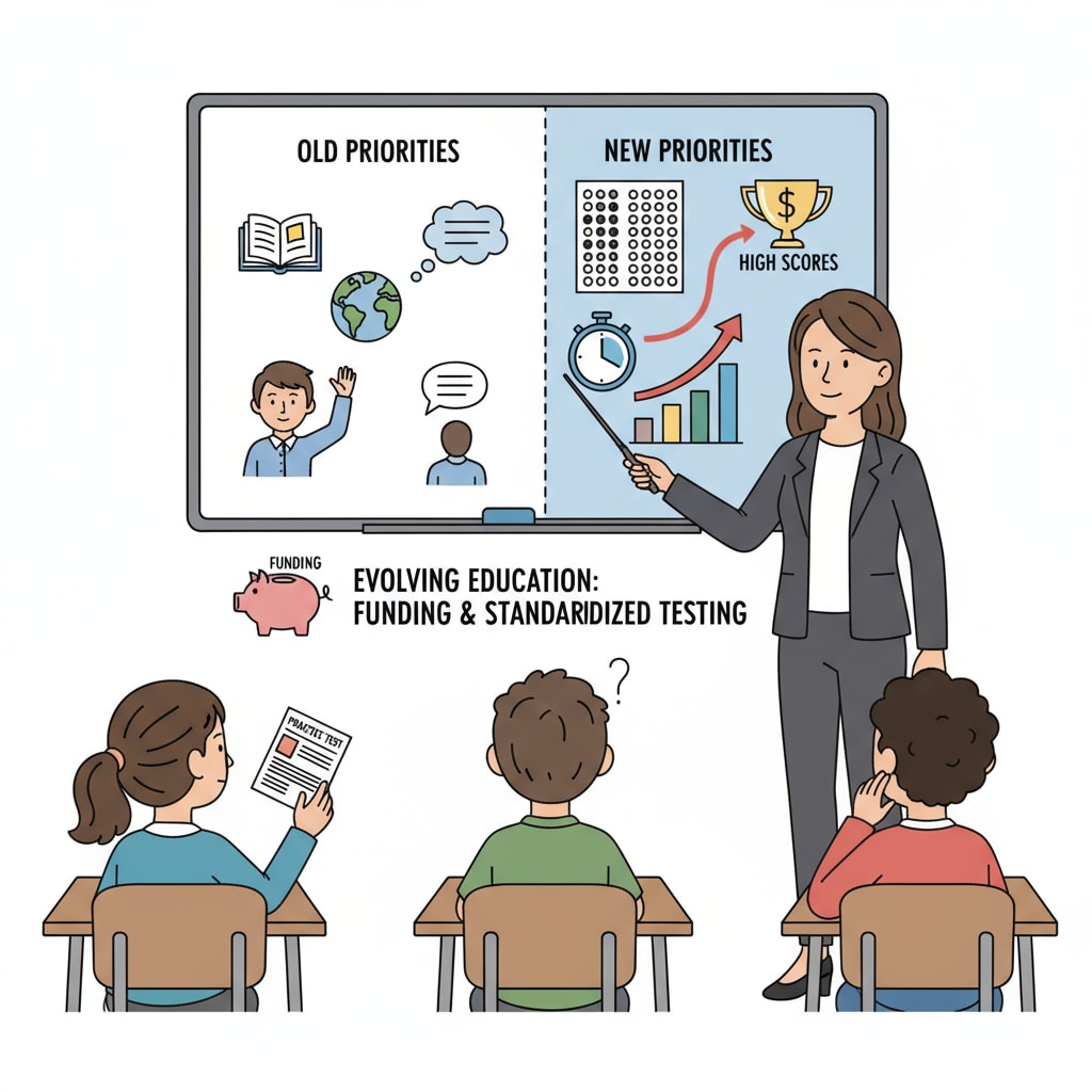 A teacher is explaining test preparation strategies to students, showing the shift in teaching priorities due to the funding-test score link. A teacher focusing on test preparation under the No Child Left Behind policy related to education funding