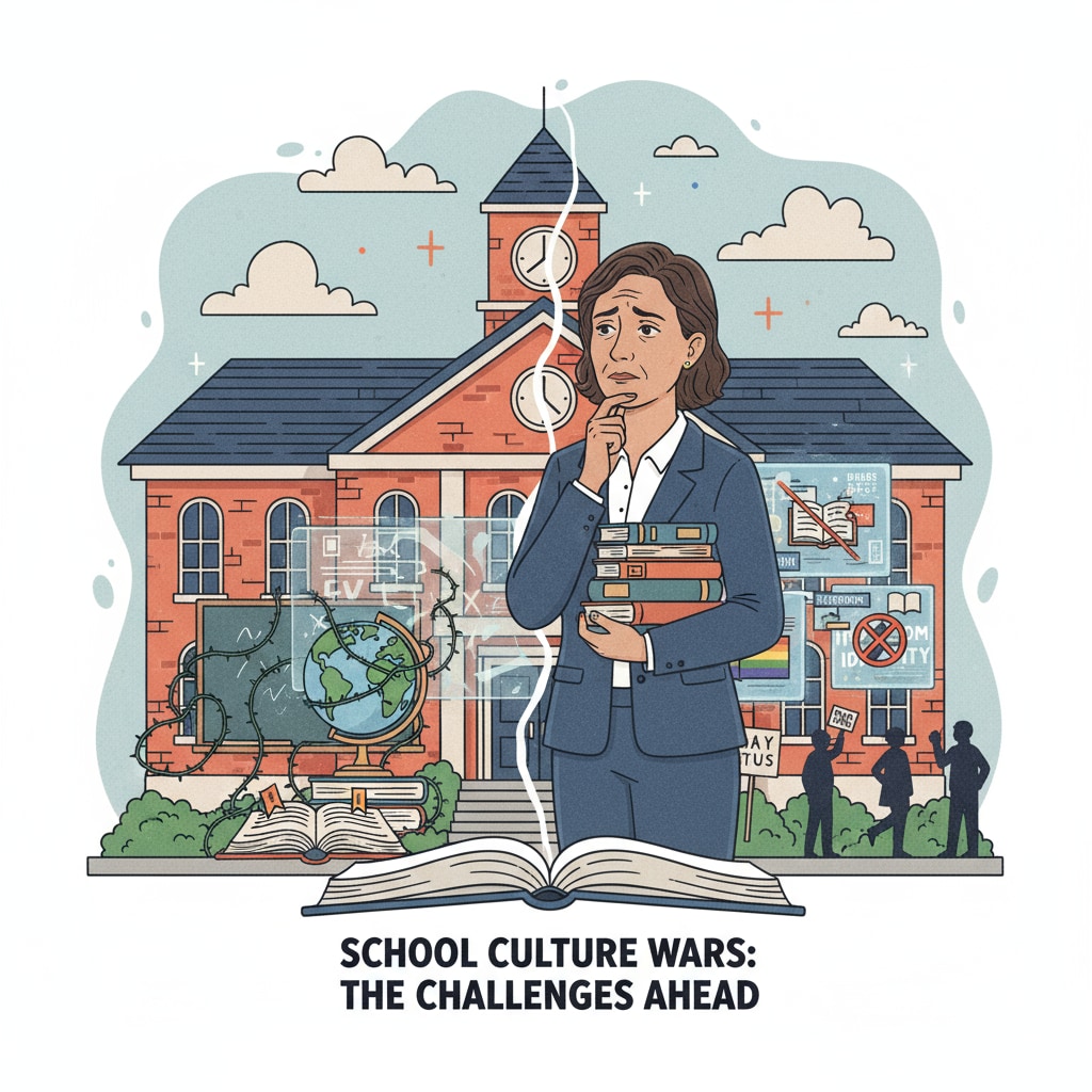 A principal standing in front of a school building, looking thoughtful, representing the challenges they face in the context of school culture wars A principal facing the challenges of school culture wars, highlighting educational leadership and principal challenges