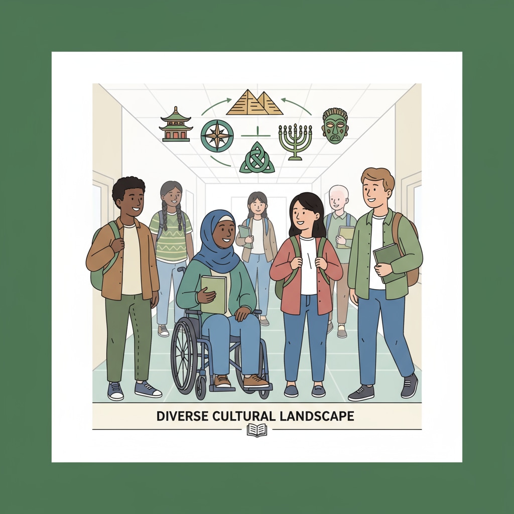 A group of students from diverse backgrounds in a school hallway, symbolizing the diverse cultural landscape that principals need to manage Students from diverse backgrounds in a school hallway, showing the diverse cultural situation relevant to school culture wars and principal leadership