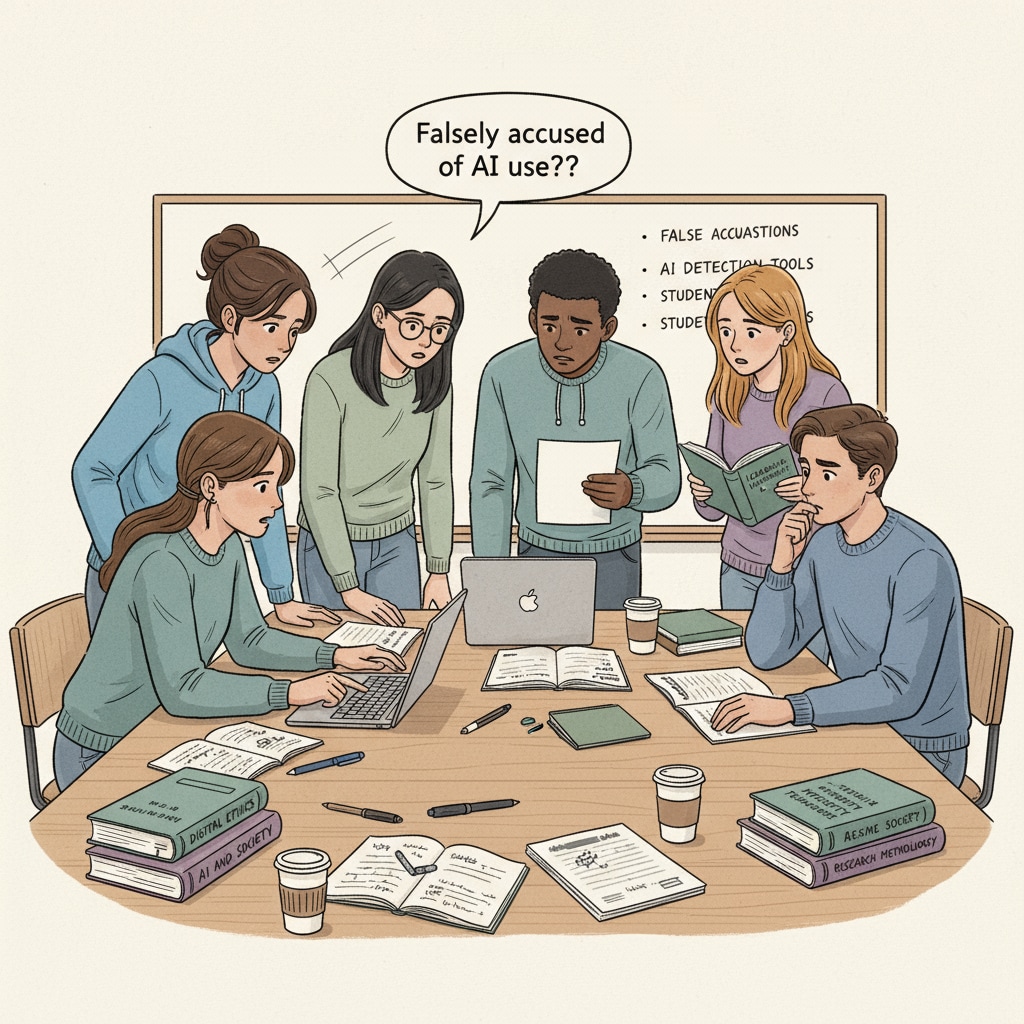 Students are engaged in a discussion about the problem of being falsely accused of using AI on campus. Students discussing false AI accusations on campus