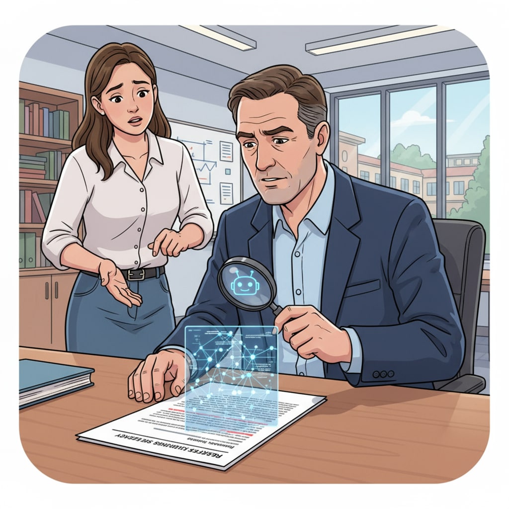 A professor is closely examining a student's paper that is suspected of being generated by AI. Professor examining a paper suspected of AI use