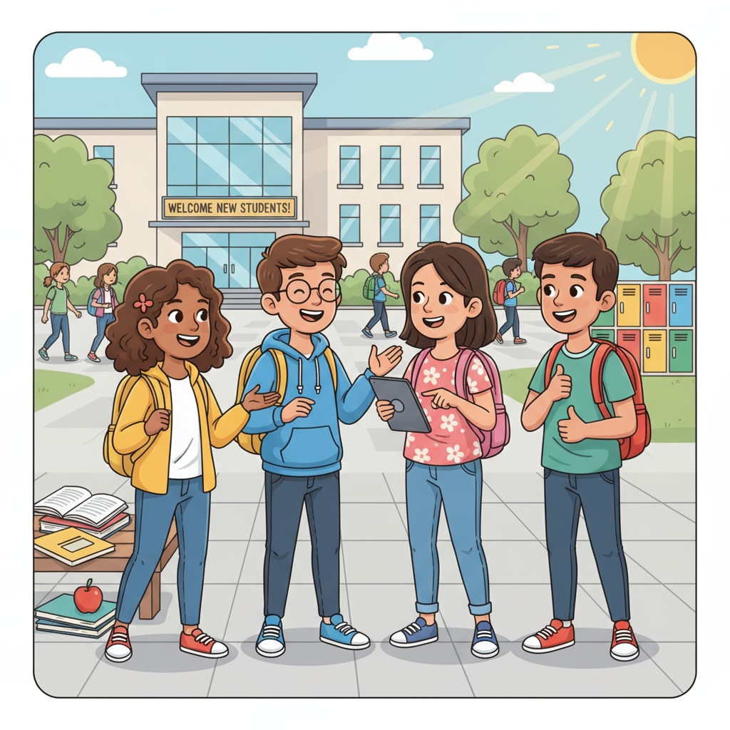 A group of students are smiling and chatting on the first day of school, showing their positive attitude towards the new school environment. Students adapting to a new school on the first day
