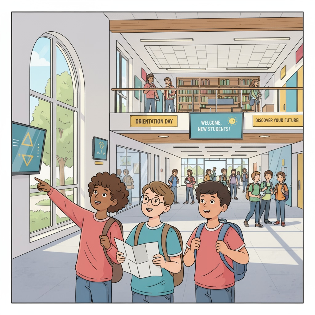 Students are exploring a new school building during an orientation activity, looking around with curiosity. Students familiarizing themselves with a new school during orientation