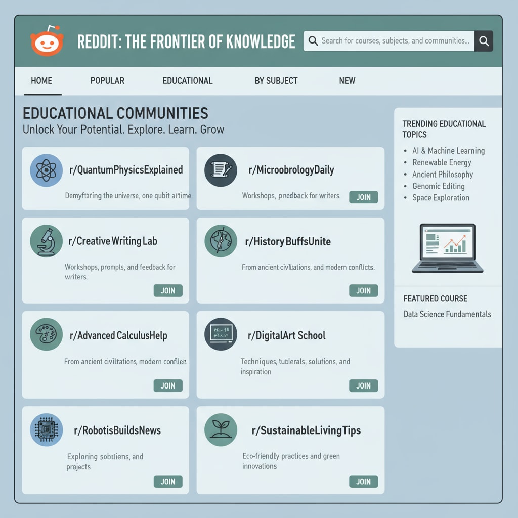 A screenshot of the Reddit homepage with various educational community links shows the diverse range of educational topics available on the platform. Reddit education network homepage with community links