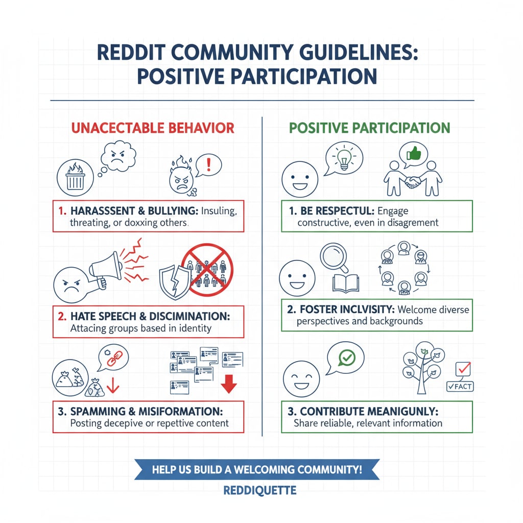 A graphic showing examples of unacceptable behavior on Reddit and how to avoid it helps users understand the community rules better. Graphic on Reddit community rules and unacceptable behavior