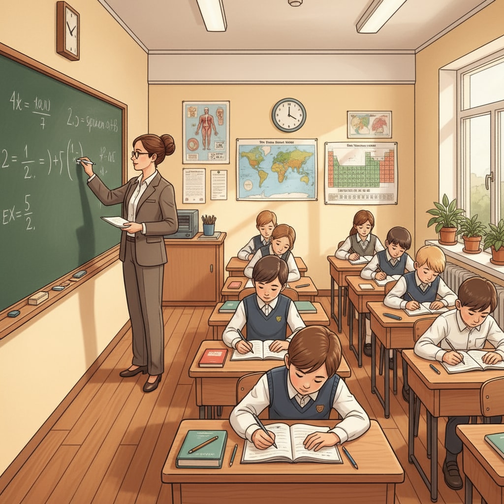 A classroom scene with a teacher writing on the blackboard and students taking notes, which is a typical representation of traditional teaching methods. Traditional teaching methods in a classroom with teacher using blackboard and students taking notes, related to teaching methods, technology, traditional tools