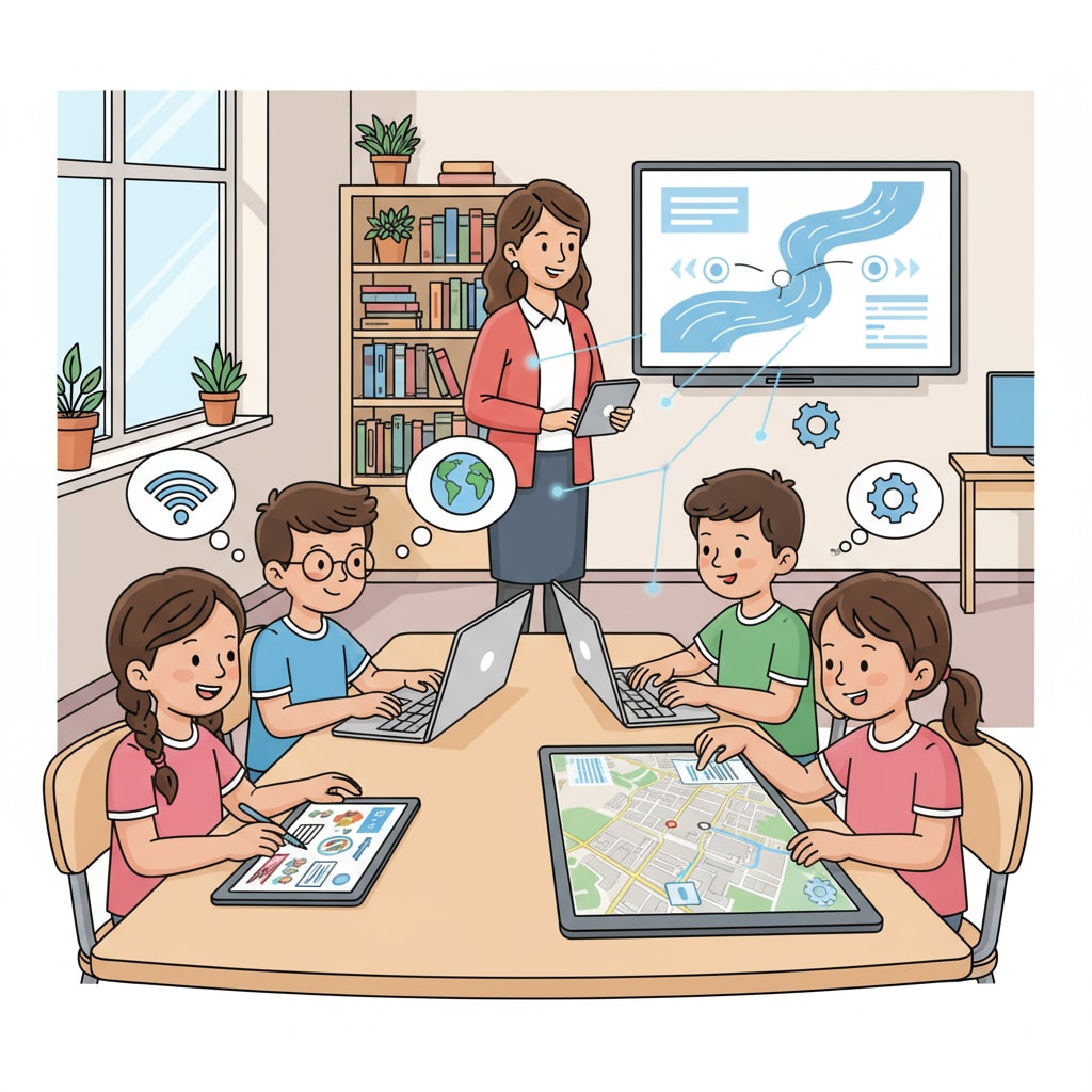 A group of students using tablets and laptops in a classroom, showing the application of modern teaching methods. Students using digital devices in a classroom for modern learning, associated with teaching methods, technology, traditional tools