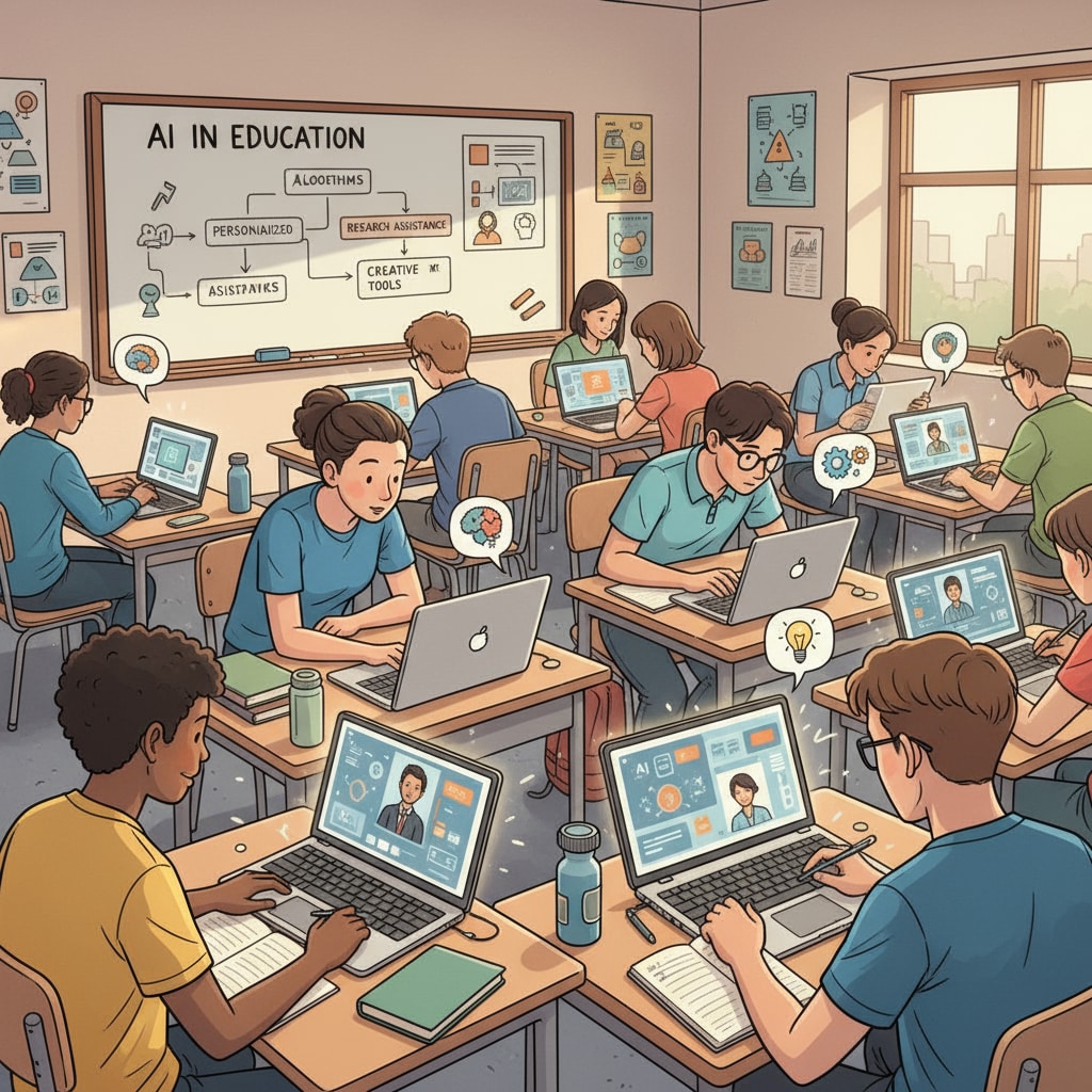 A scene in a classroom where students are using AI tools on their laptops, some looking intently at the screens while others are taking notes. Students in a classroom using AI rewriting tools, related to AI rewriting tools, AI detection, and manual input