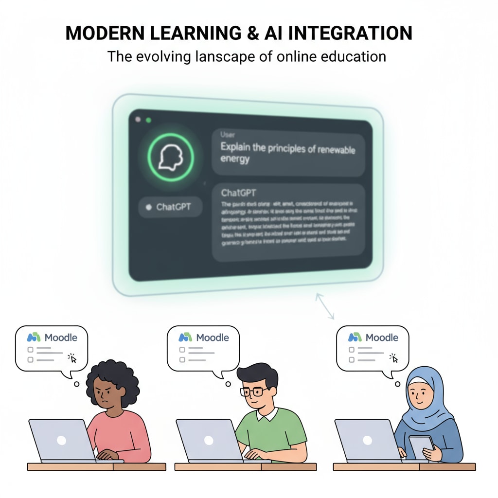 A scene where students are taking an online quiz on Moodle. In the background, a device shows the ChatGPT interface, indicating the potential for AI use during the quiz. Students taking an online Moodle quiz with ChatGPT in the background