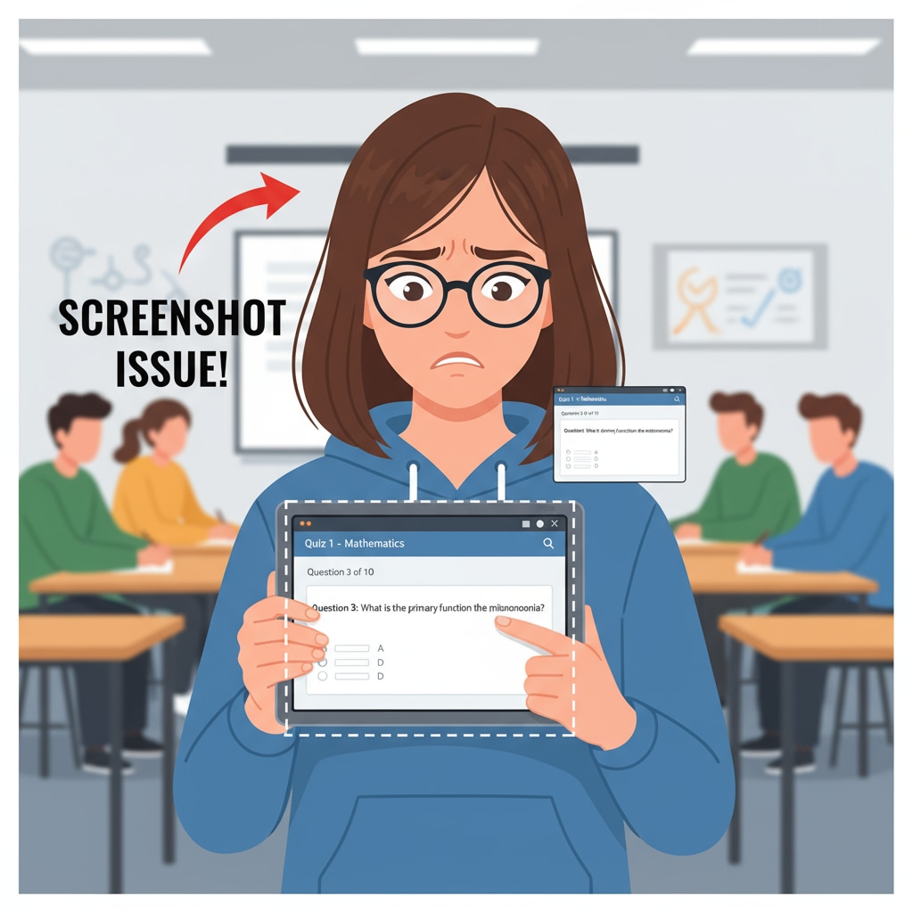A student is using a tablet to take a screenshot of a Moodle quiz question, highlighting the screenshot issue in online quizzes. Student taking a screenshot of a Moodle quiz question