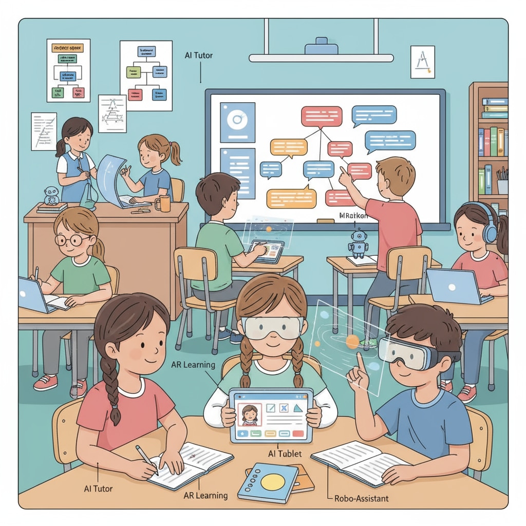 Students are seen using various AI learning tools such as tablets with educational apps in a classroom setting. Students using AI learning tools in a classroom environment related to artificial intelligence, education, and learning tools